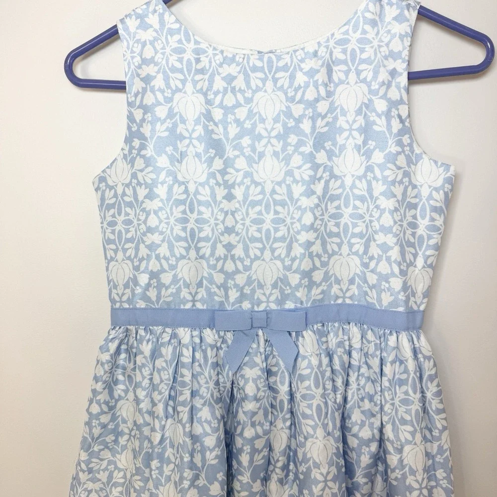 Gymboree Girls Blue White Floral Fit & Flare Dress Sleeveless Bow Size 10 Event
